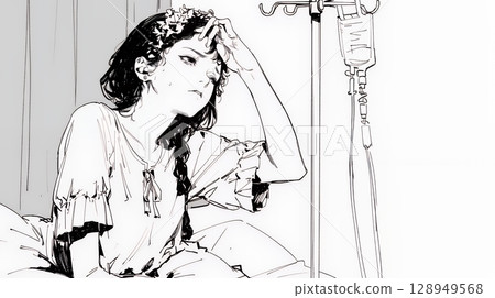 一位沮喪的女人坐在病床上（簡單的顏色） 128949568