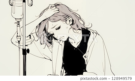 A dejected woman sitting on a hospital bed (simple colors) 128949579