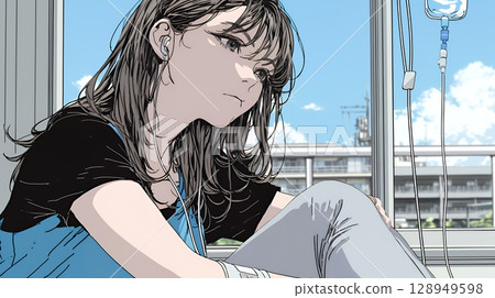 Depressed woman sitting on a hospital bed 128949598