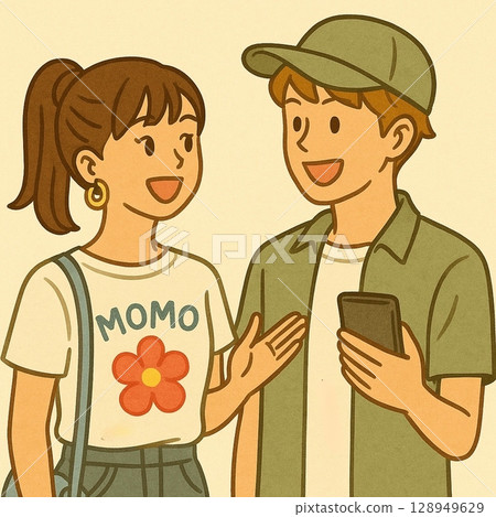 Refreshing young men and women enjoying conversation/Casual/Going out outfit Generative AI 128949629
