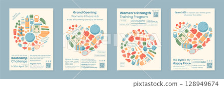 Colorful banner design with gym equipment and workout tools in flat style set. Dynamic set of accessories including dumbbells, kettlebells, and sneakers ideal for fitness health themes. Perfect for Colorful banner design with gym equipment and workout tools in flat style set. Dynamic set of accessories including dumbbells, kettlebells, and sneakers ideal for fitness health themes. Perfect for 128949674