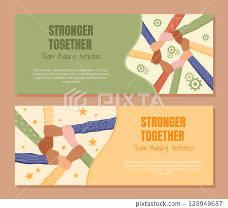 Flat banner of hands symbolizing team collaboration and unity set. Diverse and multicultural group promoting teamwork, solidarity, support. Vibrant set suitable for community, business, social 128949687
