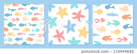 Underwater seamless pattern set with cartoon fish and starfish. Marine creatures in aquatic sea world. Flat ocean design with vibrant style, ideal for backgrounds, textiles or decorations. 128949688