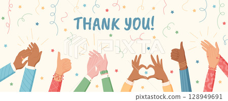 Colorful cartoon hand heart gesture and claps in a joyful celebration. People express appreciation and greeting. Community artwork with a vibrant style for posters, banners, or events. Colorful cartoon hand heart gesture and claps in a joyful celebration. People express appreciation and greeting. Community artwork with a vibrant style for posters, banners, or events. 128949691