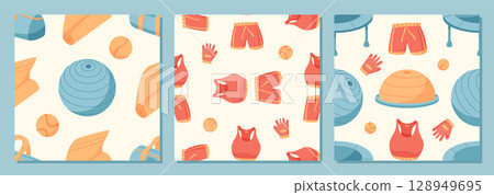 Colorful seamless pattern of sport equipment with a dynamic style set. Includes gym and fitness gear for exercise and workout activities. This seamless pattern set is perfect for backgrounds, decor, Colorful seamless pattern of sport equipment with a dynamic style set. Includes gym and fitness gear for exercise and workout activities. This seamless pattern set is perfect for backgrounds, decor, 128949695