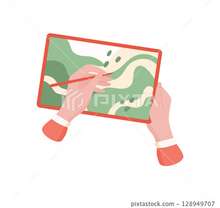 Hands draw on tablet screen. A person holding a digital device creates a unique art piece. The tablet screen serves as an interface for an artistic concept, simple design, ideal for online media. Hands draw on tablet screen. A person holding a digital device creates a unique art piece. The tablet screen serves as an interface for an artistic concept, simple design, ideal for online media. 128949707