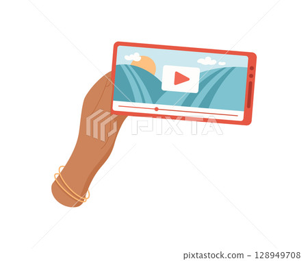 Hand holds a smartphone with a screen displaying video. A user plays video content on the phone. Engaging mobile media interaction, flat design, ideal for online communication. 128949708