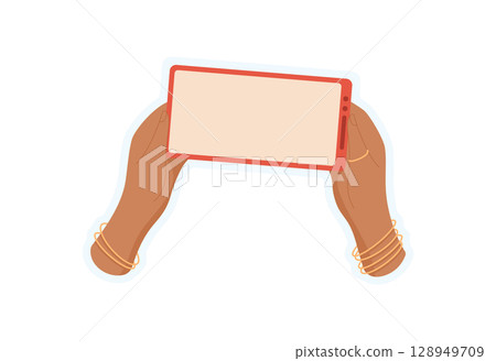 Hand holds a smartphone sticker. User grips a mobile phone sticker. Context of digital media, blank template, potential for online applications and communications. 128949709