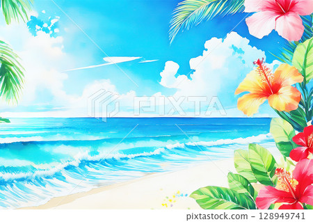 Tropical summer: Hibiscus blooming on the beach 128949741