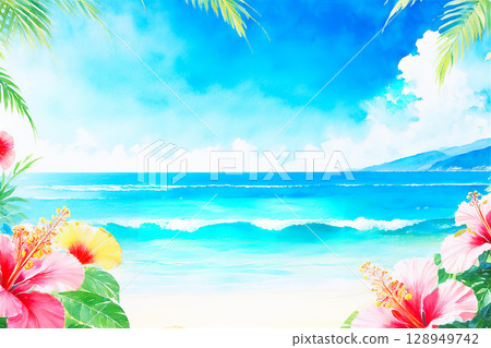 Tropical summer: Hibiscus blooming on the beach 128949742