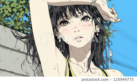 A woman exhausted by the intense sunlight (simple colors) 128949775