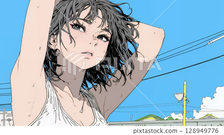A woman exhausted by the intense sunlight (simple colors) 128949776