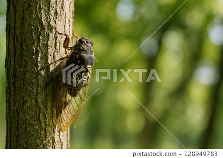 夏天的象徵：樹幹上的蟬和綠色的散景 128949783