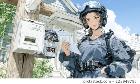 一名年輕的女保全正在檢查電線和警報設備（頭盔、工作服、晴朗的天氣、在一間房子前面） 128949785