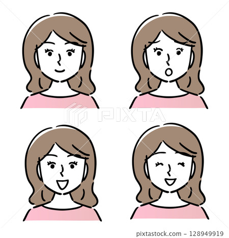 Bust up, female, facial expression, smiling, surprised, 4-piece set 128949919