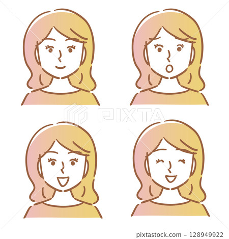 Bust up, female, facial expression, smiling, surprised, 4-piece set Bust up, female, facial expression, smiling, surprised, 4-piece set 128949922