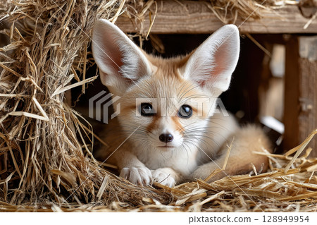 Adorable fennec fox pup nestled in straw showing off large ears and curious gaze in rustic setting 128949954