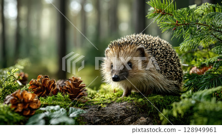 Cute hedgehog resting on lush mossy forest floor with pinecones and greenery in the background 128949961