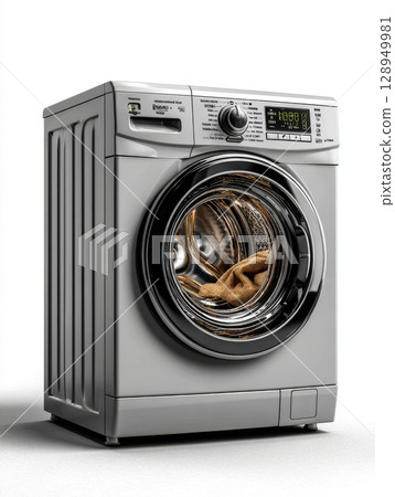 Modern stainless steel front-load washing machine with digital display and laundry inside 128949981