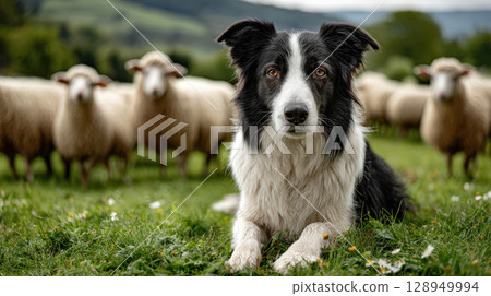 Border collie guarding sheep in lush pasture with rolling hills in the background 128949994