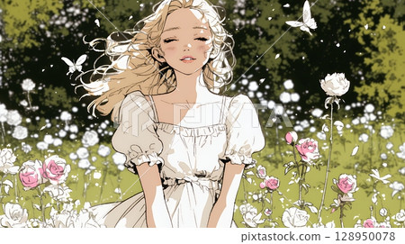 A young woman strolling through a rose garden (simple colors) 128950078