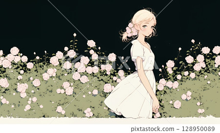 A young woman strolling through a rose garden (simple colors) 128950089