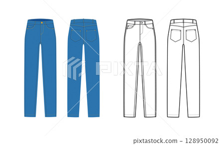 Set of Jeans Denim pants technical fashion illustration with full length, normal waist, high rise, coin, angled 5 128950092