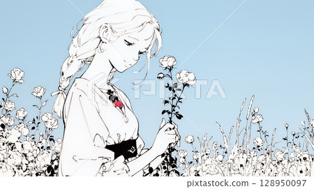 一位年輕女子漫步在玫瑰園（簡單的顏色） 128950097