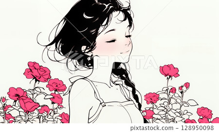 A young woman strolling through a rose garden (simple colors) 128950098