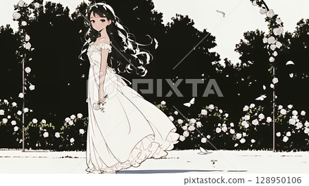 一位年輕女子漫步在玫瑰園（簡單的顏色） 128950106