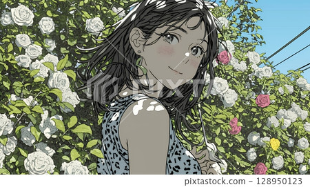 年輕女子漫步玫瑰園 128950123