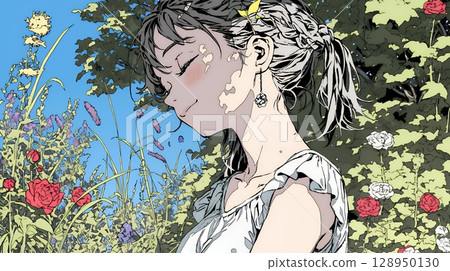 Young woman strolling through a rose garden 128950130