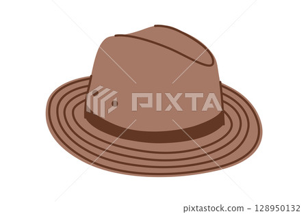 Safari Hat with band. Head Fashion accessory cap with wide brim with stitching clothing technical illustration. 128950132