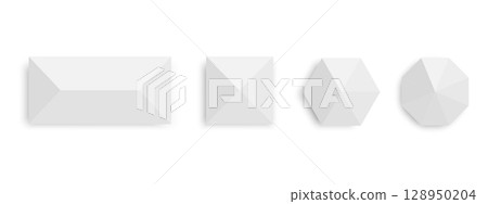 Tents with shadows top view. Gazebo umbrellas in rectangle, square, hexagon and octagon shapes. Beach sunshades. Market canopy mockups isolated on white background. Vector realistic illustration 128950204