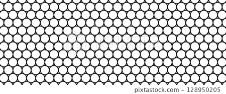 Repeated thick round shapes pattern. Black circles on white background. Mosaic holey texture. Wire, lace, fishing net, cage or lattice structure. Abstract geometric print. Vector graphic illustration 128950205