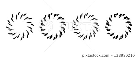 Set of round frames with bolt silhouette print. Circular borders with lightning icons isolated on white background. Shock, energy, power or danger comic design elements. Vector graphic illustration 128950210