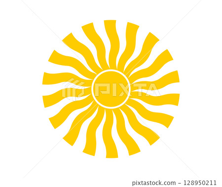 Groovy sun silhouette. Wavy yellow sunny rays. Sunburst, sunlight or sunshine sign. Summer theme symbol. Modern psychedelic print. Happy positive vibes concept. Vector flat illustration 128950211