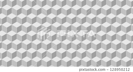 Grey cube shapes pattern. Repeated squares in 3d isometric projection. Tile floor mosaic texture. Minimalistic abstract geometric print. Wallpaper with optical illusion. Vector graphic illustration Grey cube shapes pattern. Repeated squares in 3d isometric projection. Tile floor mosaic texture. Minimalistic abstract geometric print. Wallpaper with optical illusion. Vector graphic illustration 128950212