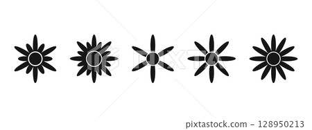 Set of black flower shapes. Daisy, chrysanthemum or gerbera silhouettes isolated on white background. Floral design elements. Vector graphic illustration 128950213