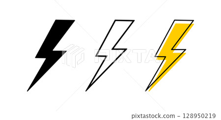 Set of lightning icons. Thunder signs isolated on white background. Flash light, elrectricity, voltage or battery charge symbols. Danger, hazard or warning pictograms. Vector graphic illustration Set of lightning icons. Thunder signs isolated on white background. Flash light, elrectricity, voltage or battery charge symbols. Danger, hazard or warning pictograms. Vector graphic illustration 128950219