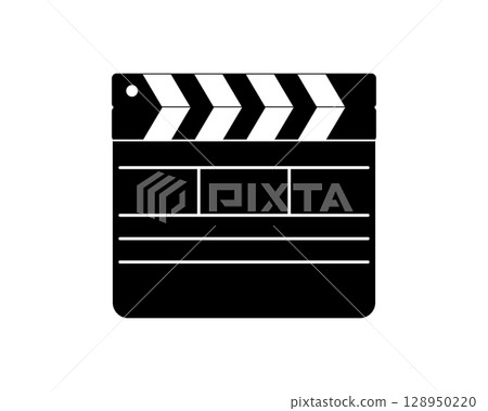 Closed clapper board isolated on white background. Movie clapboard silhouette. Camera and action concept. Cinema or television program production tool. Vector graphic illustration Closed clapper board isolated on white background. Movie clapboard silhouette. Camera and action concept. Cinema or television program production tool. Vector graphic illustration 128950220