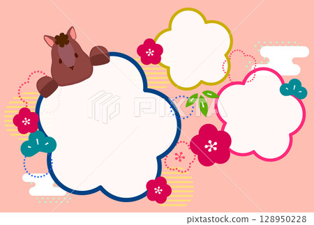 Horse and plum blossom New Year's card design for the Year of the Horse (no text) with space for 3 photos Orange background 128950228