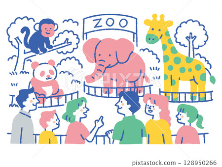 Parents and children who are crazy about pandas and elephants_Color 128950266