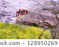 A panning shot of the Isumi Railway running among cherry blossoms and rape blossoms 128950269