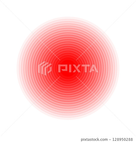Red concentric circles. Pain localization icon. Sore, ache or inflammation symbol. Pulse or vibration sign. Radar, earthquake or sound wave pictogram isolated on white background. Vector illustration 128950288