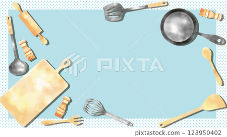 Watercolor style cute kitchen utensils illustration frame 128950402