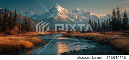 Snow capped mountains reflecting in calm river 128950538