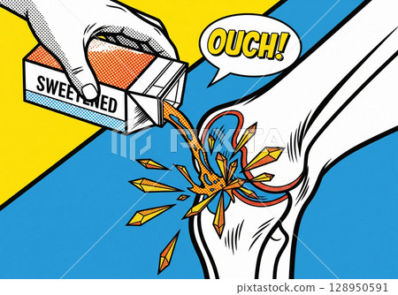 Sugary drinks that cause gout. Health warning concept illustration in pop art style 128950591