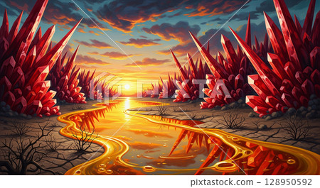 A surreal landscape depicting gout, with uric acid crystals and a golden river valley. 128950592