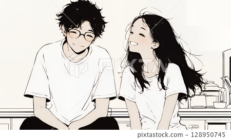 Happy couple: chatting in the dining room (simple colors) 128950745